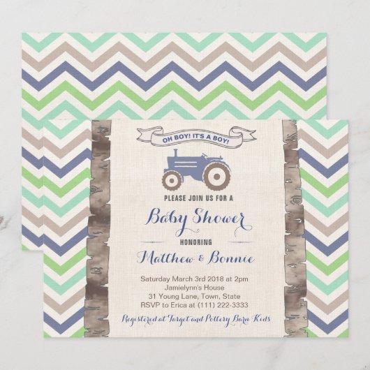Tractor met Chevrons Baby shower voor Boy Kaart (Voorkant / Achterkant)