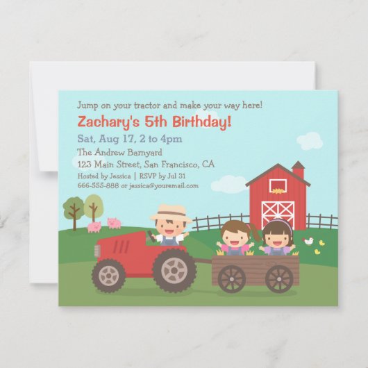 Tractor on Boerderij Kids Birthday Party Invitatio Kaart (Voorkant)