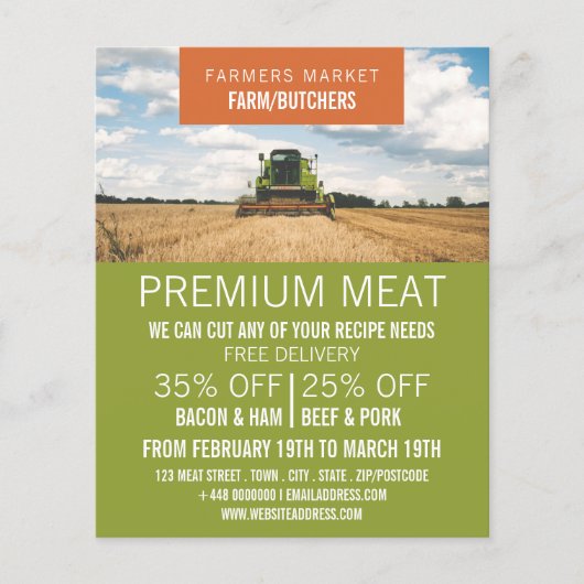 Tractor op veld, boer & slager advertentie flyer (Voorkant)