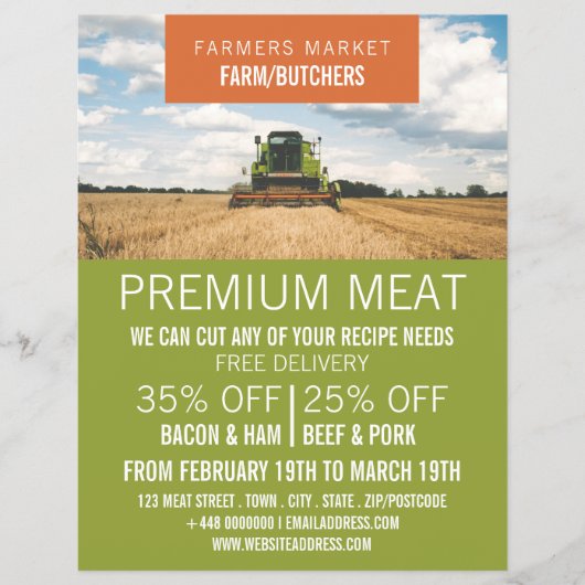 Tractor op veld, boer & slager reclame flyer (Voorkant)