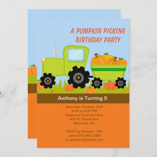 Tractor Pumpkin Birthday Party Invitation Kaart (Voorkant / Achterkant)