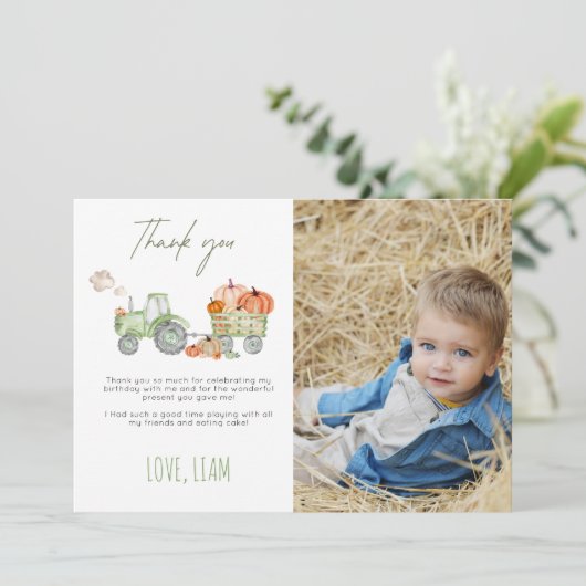 Tractor & Pumpkin Birthday Thank You Photo Card Kaart (Staand voorkant)