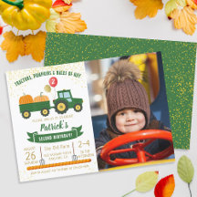 Tractor Pumpkin Herfst Boy Photo Birthday Invitati