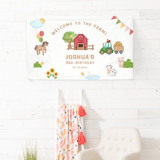 Tractor Schattige Red Barn Animals Verjaardagsfees Spandoek (Insitu)