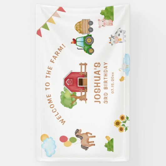 Tractor Schattige Red Barn Animals Verjaardagsfees Spandoek (Verticaal)