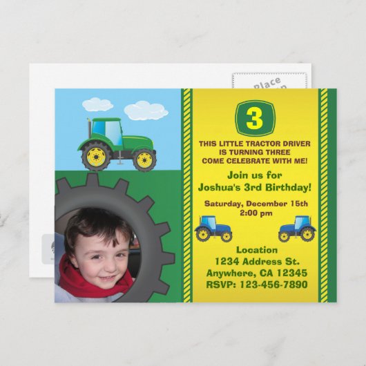 Tractor verjaardagsfeest uitnodiging Briefkaart (Voorkant / Achterkant)