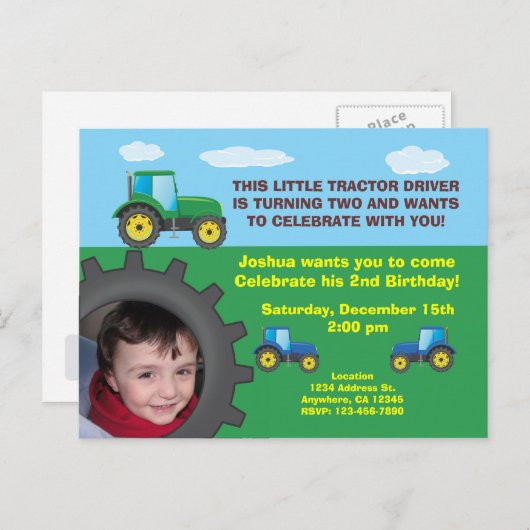 Tractor verjaardagsfeest uitnodiging Briefkaart (Voorkant / Achterkant)