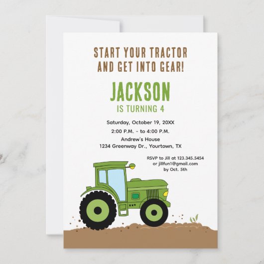 Tractor verjaardagsfeest uitnodiging in het groen (Voorkant)