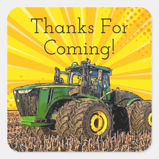 Tractor Verjaardagsfeestapparatuur Geel Plezier Vierkante Sticker (Voorkant)