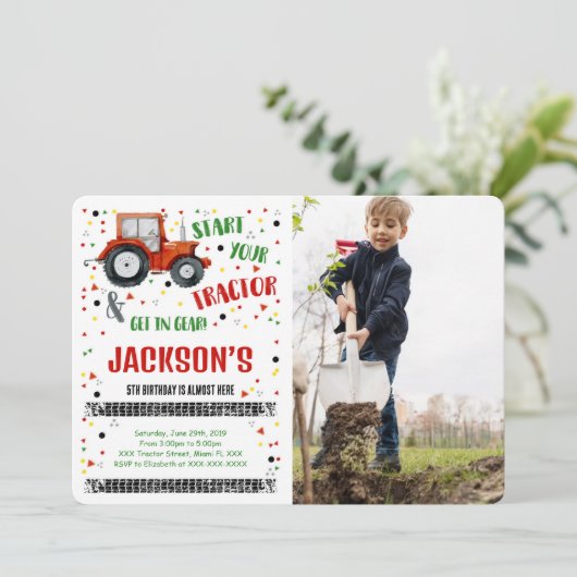 Tractor verjaardagsfoto uitnodiging (Staand voorkant)