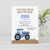 Tractor verjaardagsuitnodiging blauwe tractor kaart (Staand voorkant)