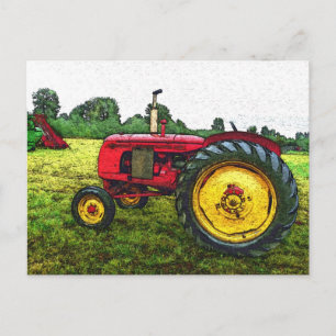 Tractor voor rood en geel Boerderij Briefkaart
