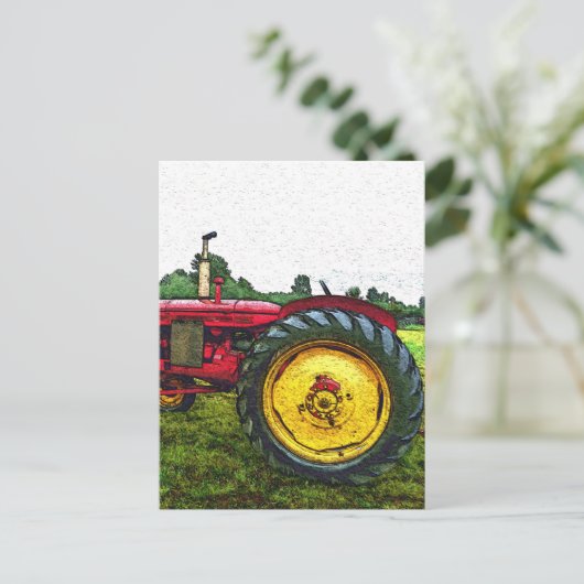 Tractor voor rood en geel Boerderij Briefkaart (Staand voorkant)