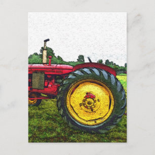 Tractor voor rood en geel Boerderij Briefkaart