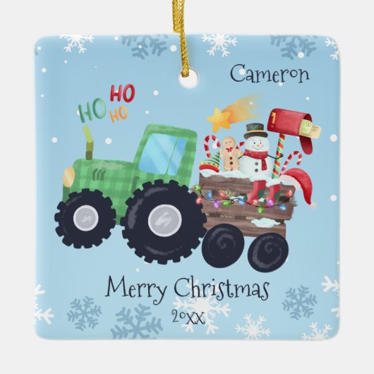 Tractor Vrolijk Kerstfeest Naam en jaar Keramisch Ornament (Voorkant)