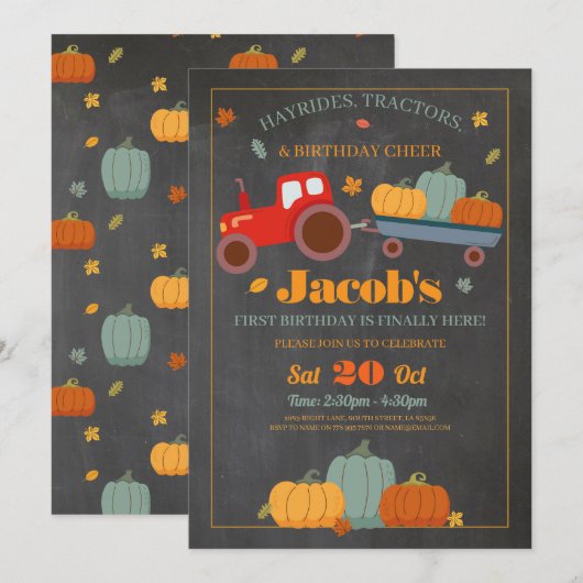 Tractoren Pompoenen Verjaardag 1e Een Herfst Krijt Kaart (Voorkant / Achterkant)