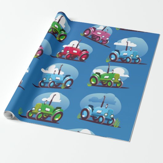Tractorpatroon (blauwe achtergrond) cadeaupapier (Uitgerold)