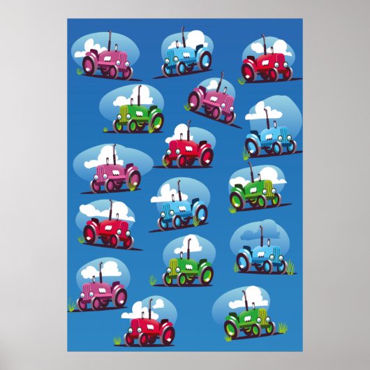 Tractorpatroon (blauwe achtergrond) poster (Voorkant)