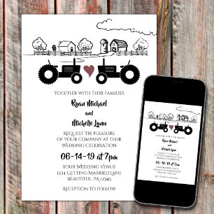 Tractors in LOVE Black en White Boerderij Wedding Kaart