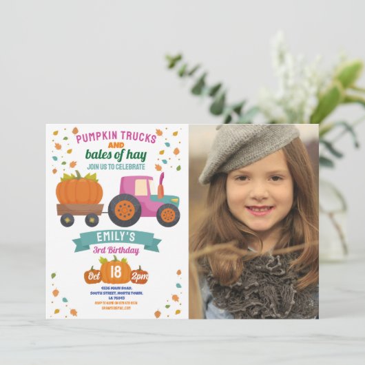 Tractors Pompoen Roze Verjaardagsfeestje Meisjes F Kaart (Staand voorkant)