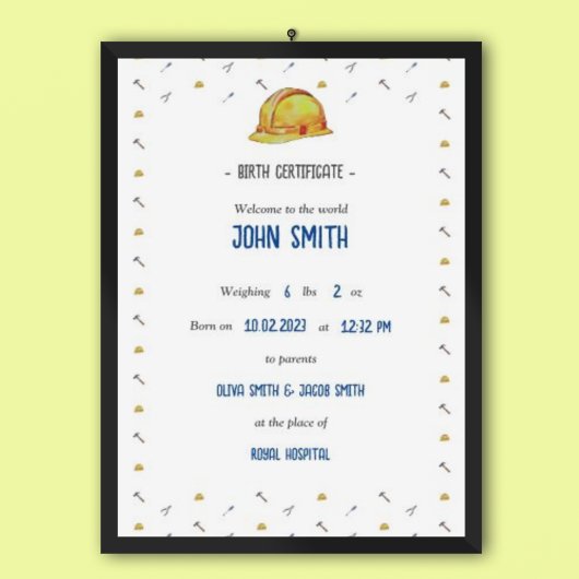 Tradie Baby Herinnerings Geboorteakte Poster