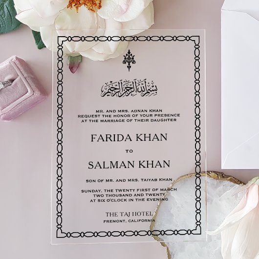 Traditional Black Border Islamic Wedding Acryl Uitnodigingen
