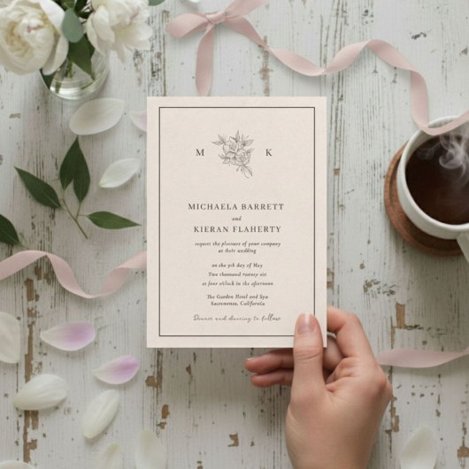 Traditional Blush Pink Monogram Wedding Invitation Kaart