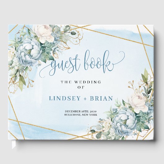 Traditional Boho Dusty Blue Floral Gold Wedding Gastenboek (Voorkant)