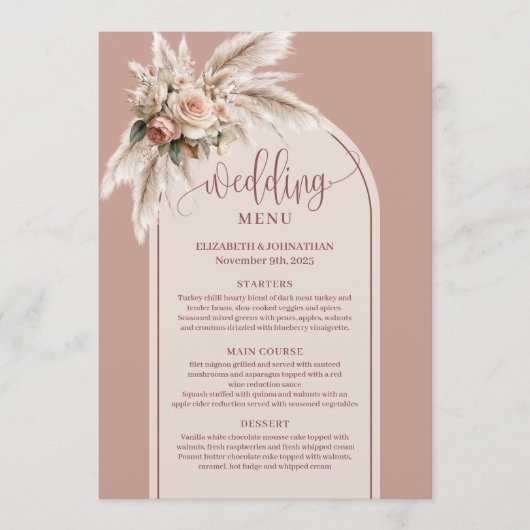 Traditional Boho Dusty Pink Pampas Floral Wedding  Menu (Voorkant)