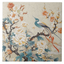Traditional China Oranje Ink Bird and Flower Tegeltje