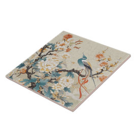 Traditional China Oranje Ink Bird and Flower Tegeltje