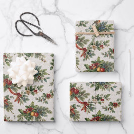 Traditional Christmas Holly and Winter Fruit Inpakpapier Vel