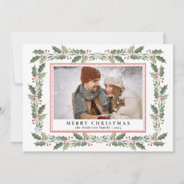 Traditional Christmas Holly Berries & Family Photo Feestdagenkaart