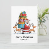 Traditional Christmas Santa Claus with Reindeer Feestdagenkaart (Staand voorkant)