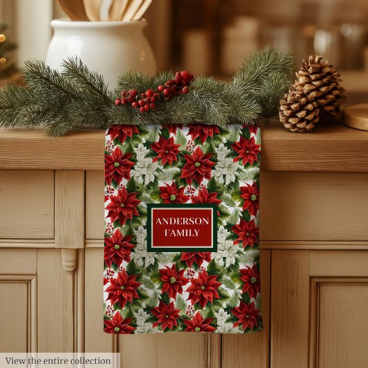 Traditional Christmas Towel Red Green Floral Art Theedoek
