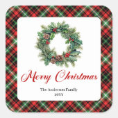 Traditional Christmas Wreath Red Green Plaid Set Vierkante Sticker (Voorkant)