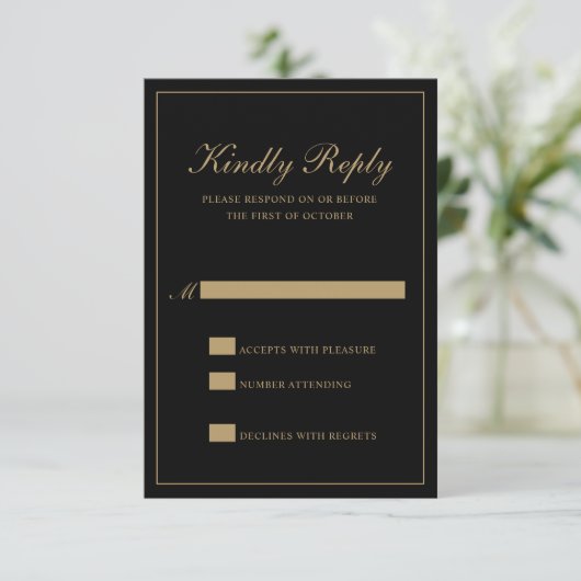 Traditional Classic Formal Black and Gold Wedding RSVP Kaartje (Staand voorkant)