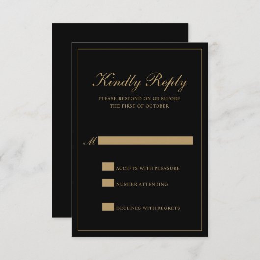 Traditional Classic Formal Black and Gold Wedding RSVP Kaartje (Voorkant / Achterkant)