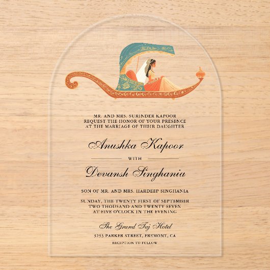 Traditional Doli Indian Bride Wedding Acryl Uitnodigingen (Voorkant)