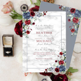 Traditional Dusty Blue Burgundy Floral Wedding Inv Kaart