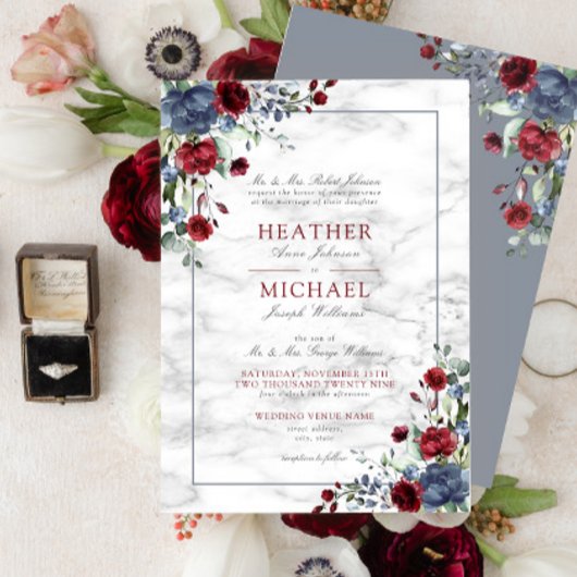 Traditional Dusty Blue Burgundy Floral Wedding Inv Kaart