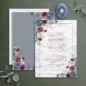 Traditional Dusty Blue Burgundy Floral Wedding Inv Kaart