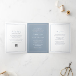 Traditional Dusty Blue QR Code Timeless Wedding Drieluik Uitnodiging