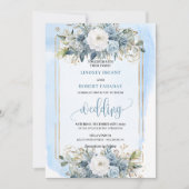 Traditional Dusty Blue White Gold Flowers Invites Kaart (Voorkant)