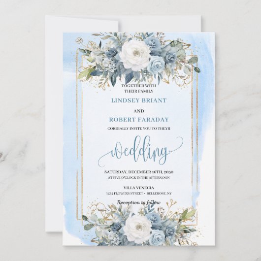 Traditional Dusty Blue White Gold Flowers Invites Kaart (Voorkant)