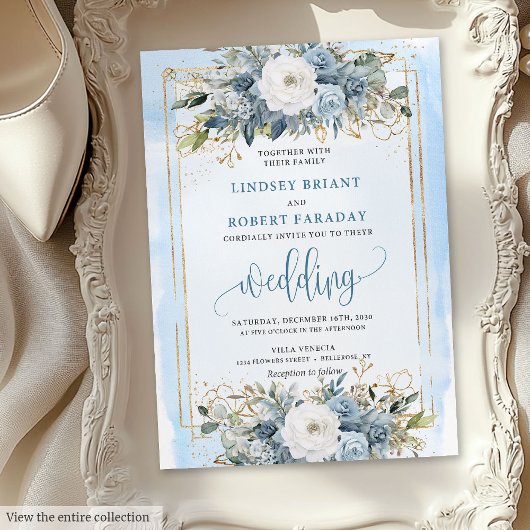 Traditional Dusty Blue White Gold Flowers Invites Kaart