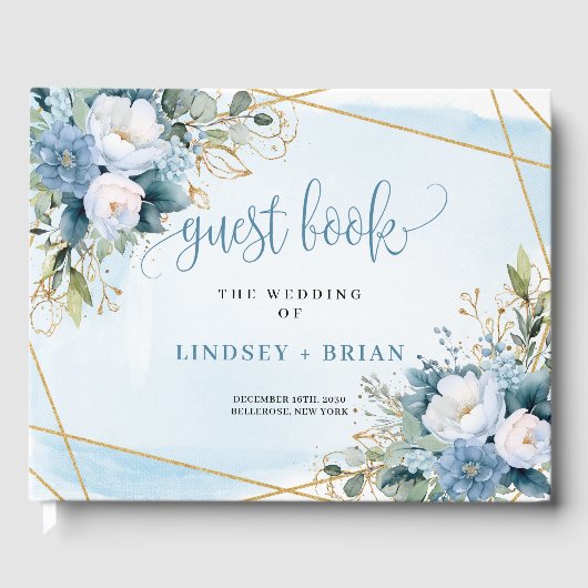 Traditional Dusty Blue White Gold Peonies Wedding Gastenboek (Voorkant)