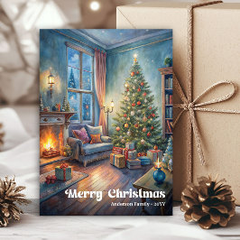 Traditional festive scene card red green lettering feestdagenkaart