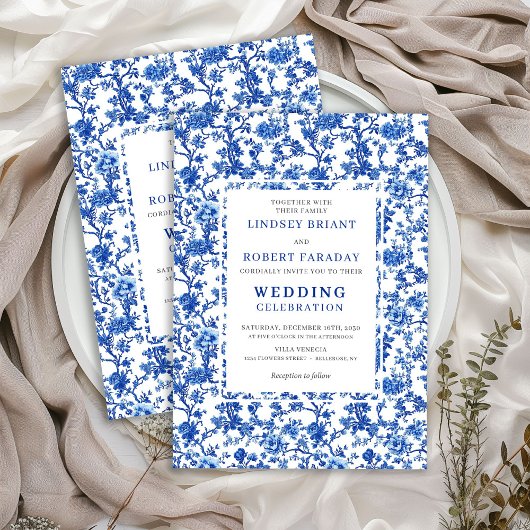 Traditional French Toile Blue Floral Wedding  Kaart