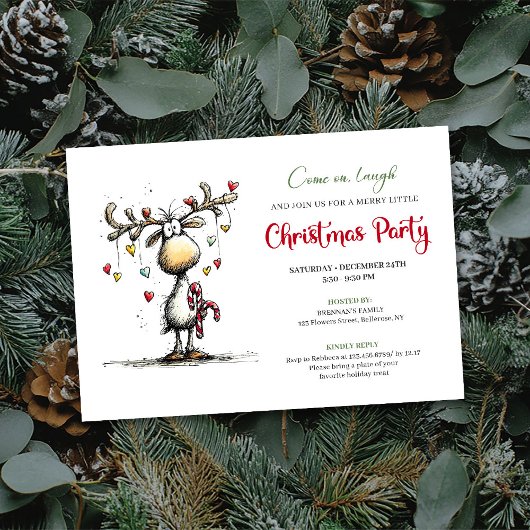 Traditional funny reindeer Christmas party invite Kaart